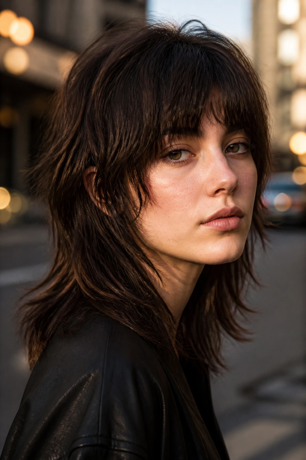 Close-up portrait of a real woman with chocolate shullet and shaggy bangs