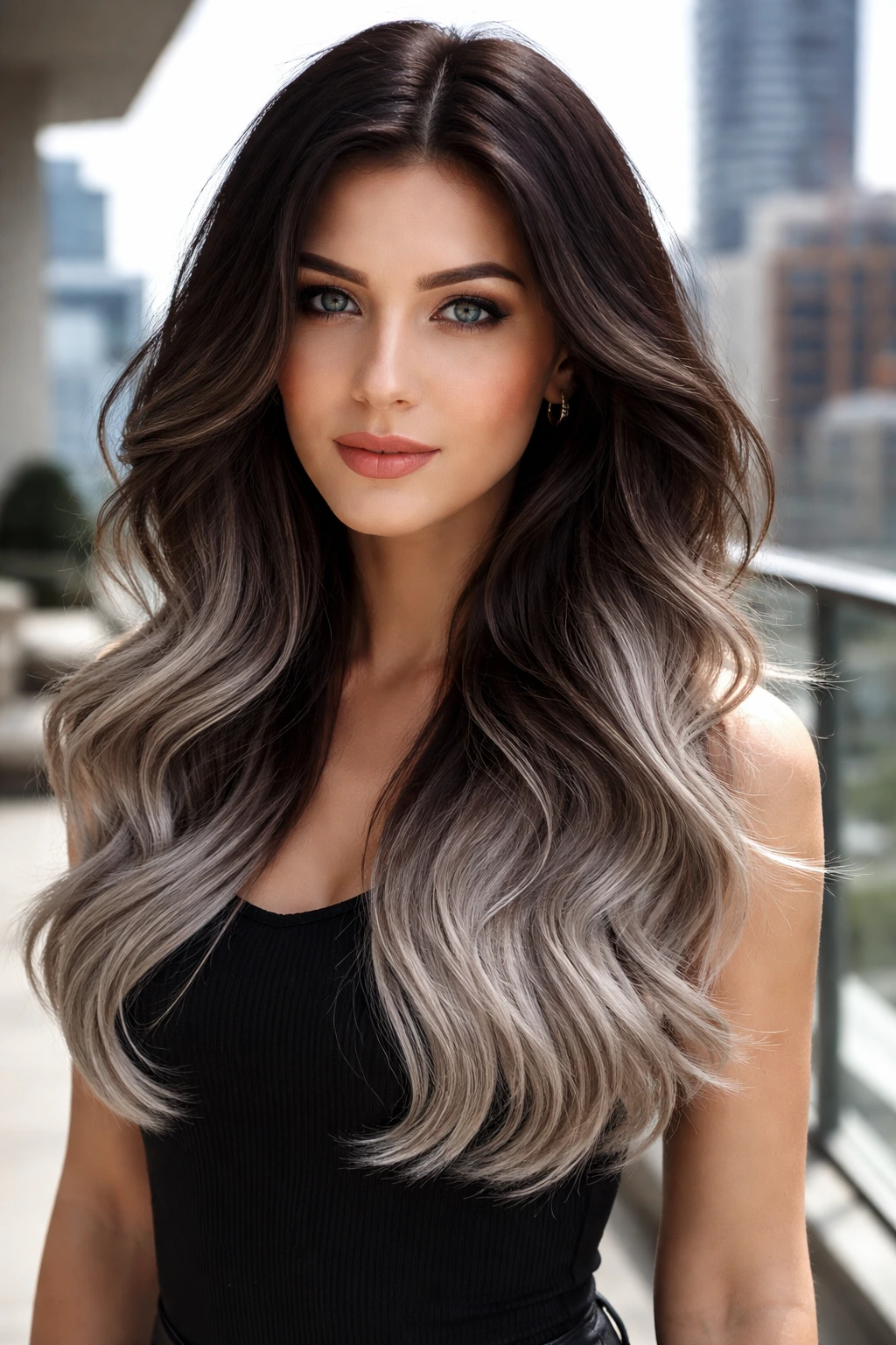 Real person with chocolate silver ombre hair on a balcony