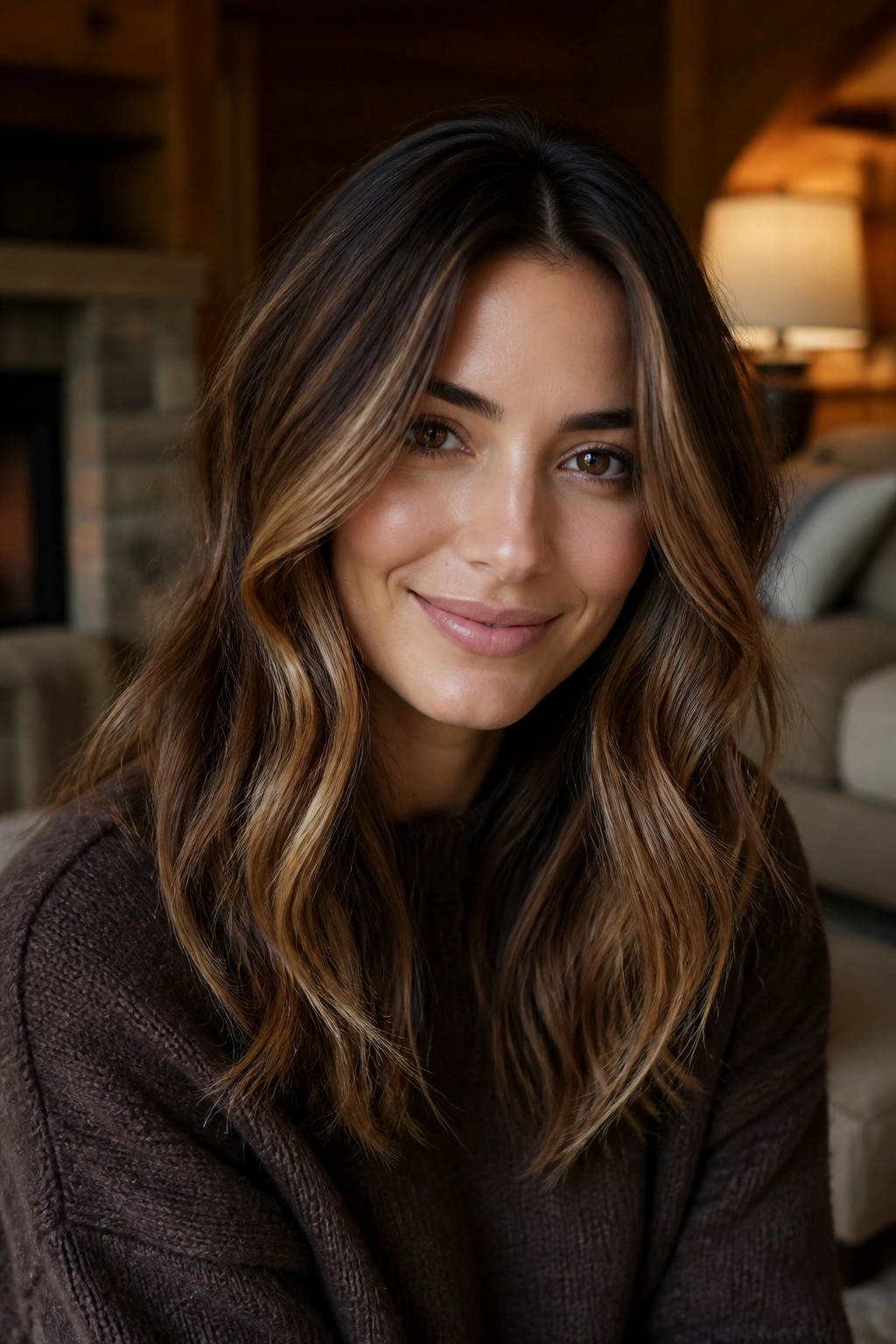 Close-up of chocolate and toffee balayage on brunette hair