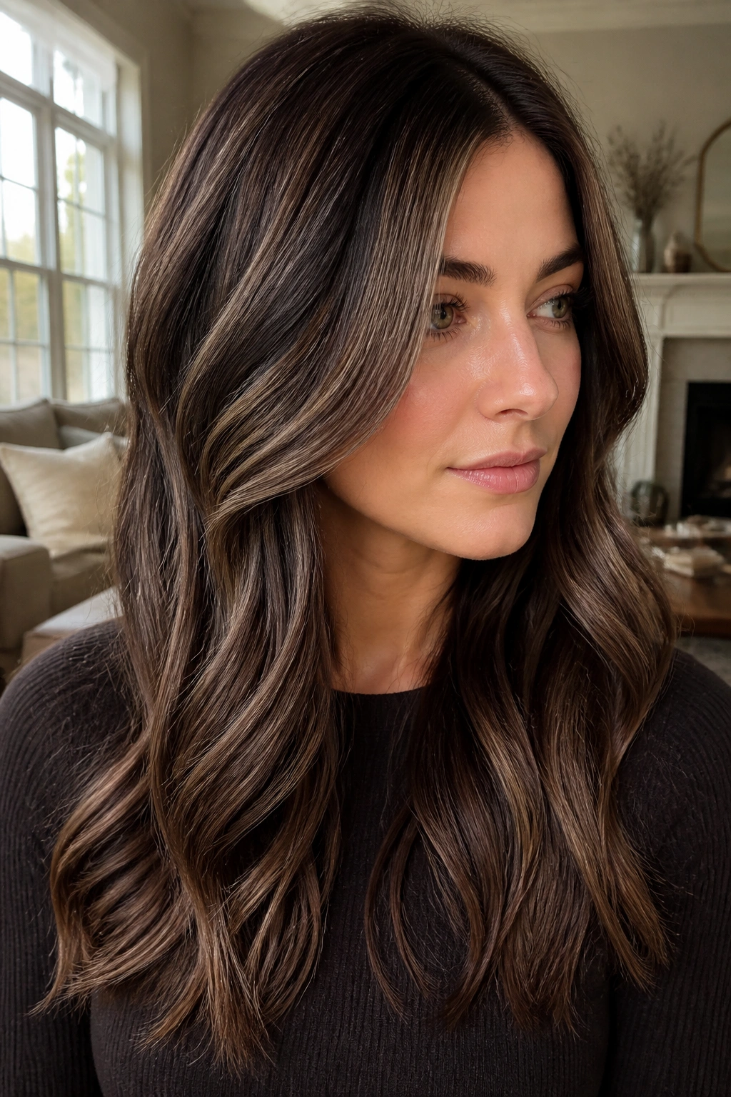 Close-up of chocolate brown hair with smudged beige highlights blending at the roots