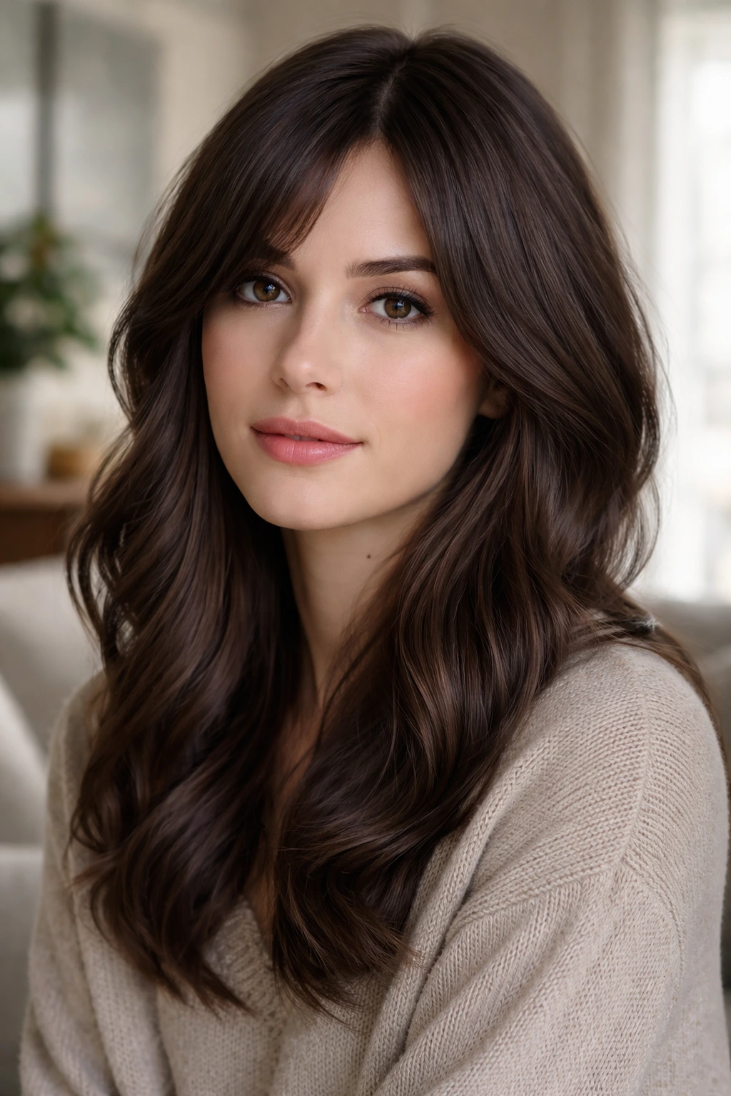 Close-up of a person with matte, cool-toned chocolate brown hair