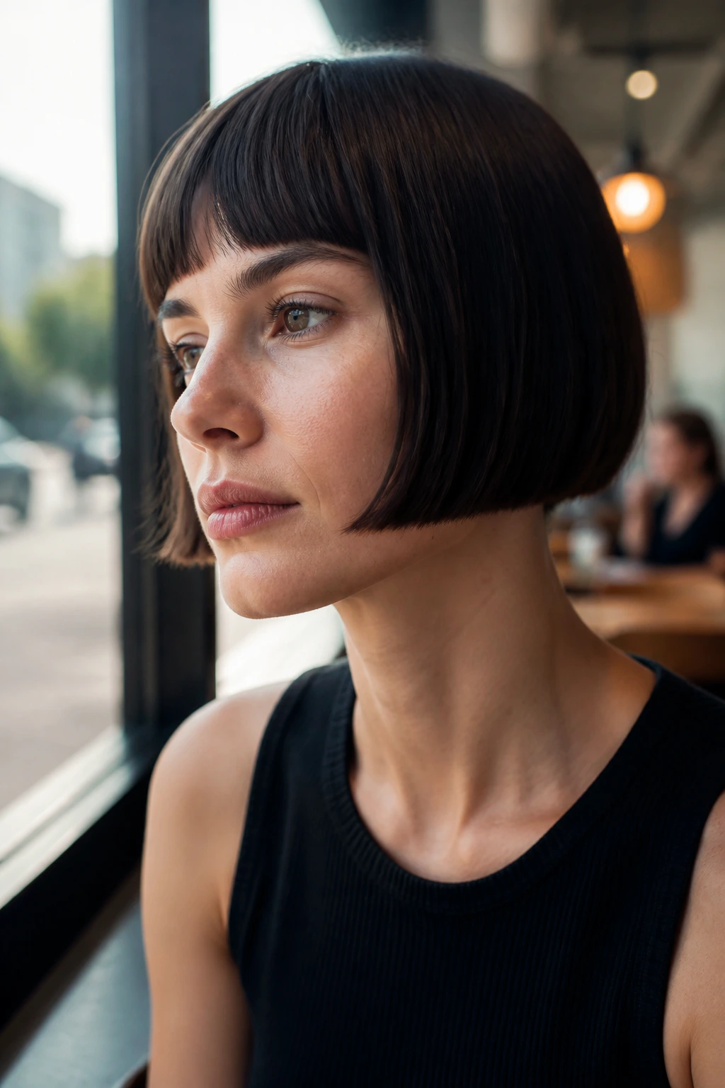 Portrait of a real woman with a chop-heavy micro bob under cafe window light