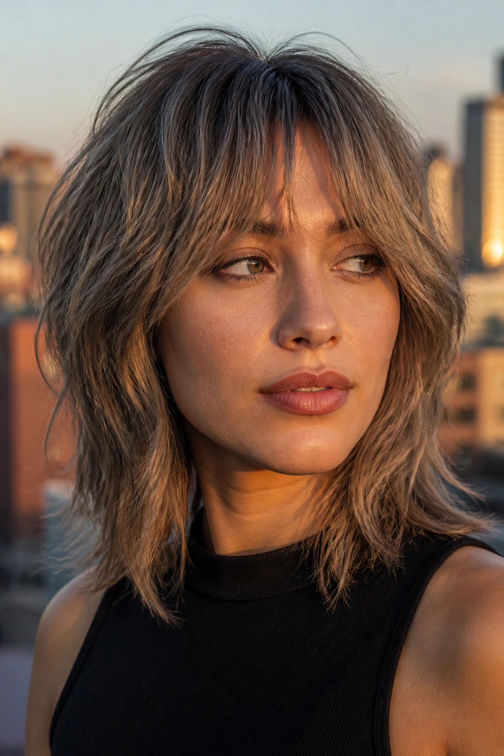 Close-up portrait of a woman with choppy ash curtain bangs and shag cut in sunset light