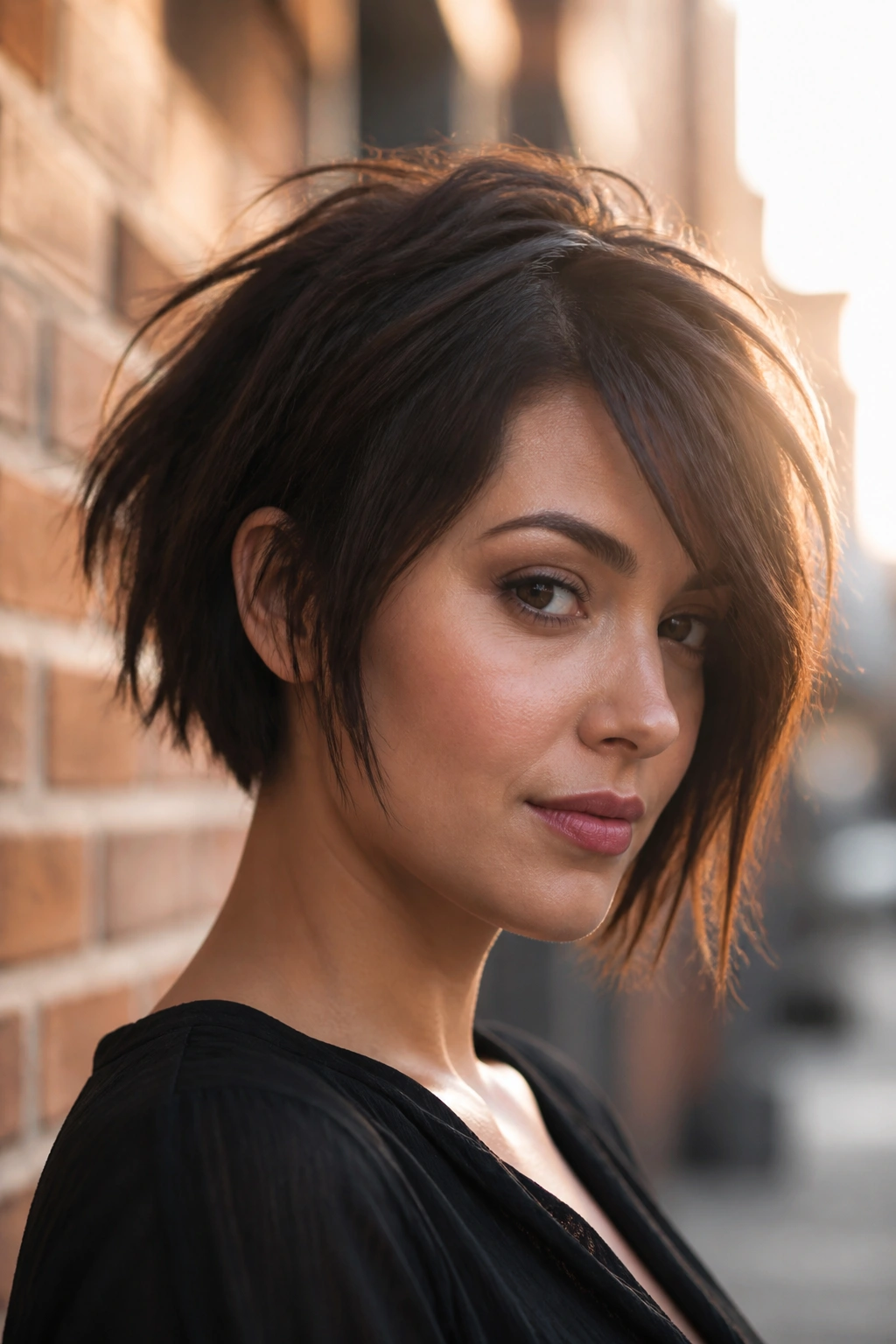 Real woman with choppy disconnected-layer bob on urban street at golden hour