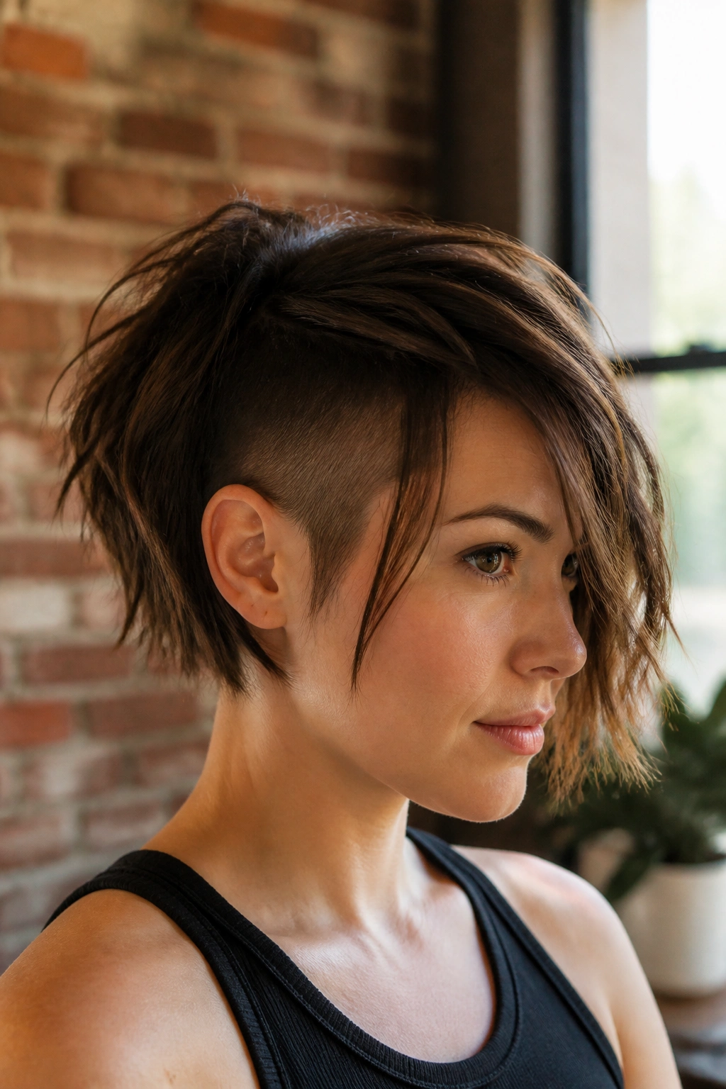 Close-up of a real woman with a choppy asymmetrical bob and hidden undercut
