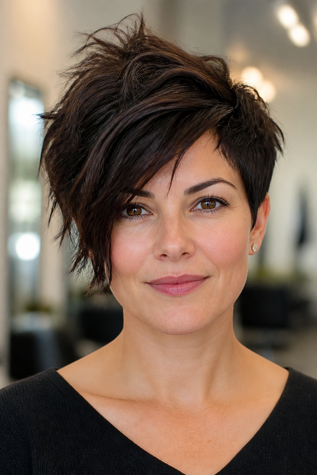 Close-up portrait of a real woman with a choppy asymmetrical crop for thick hair