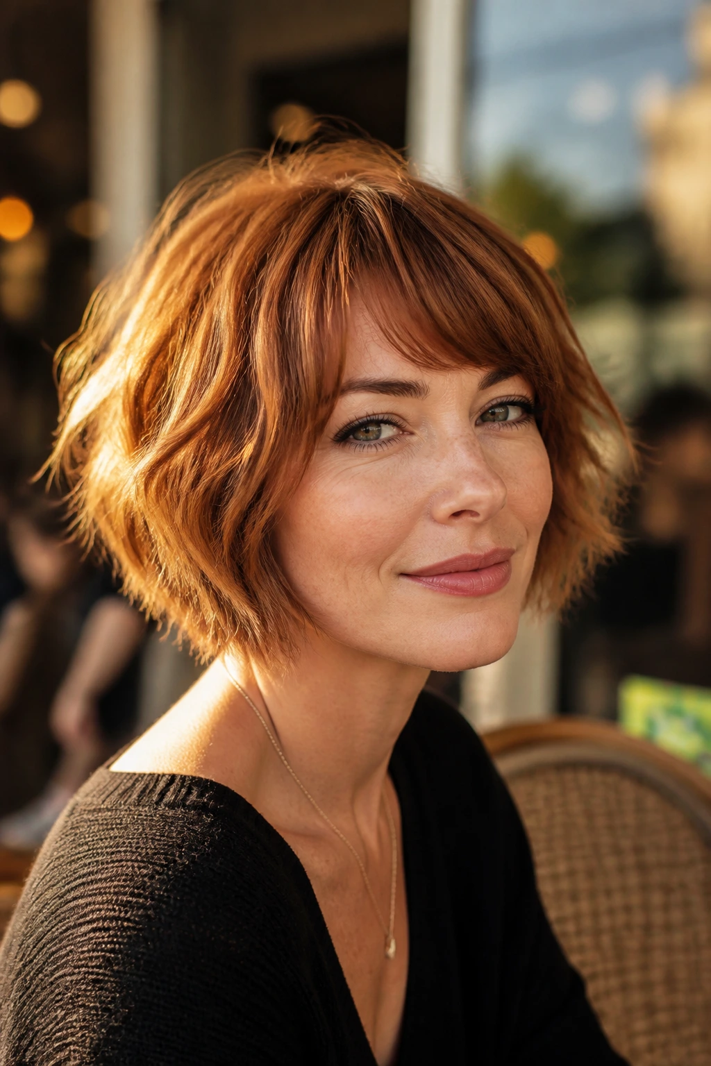 Close-up of a real woman with a choppy chin-length auburn bob.