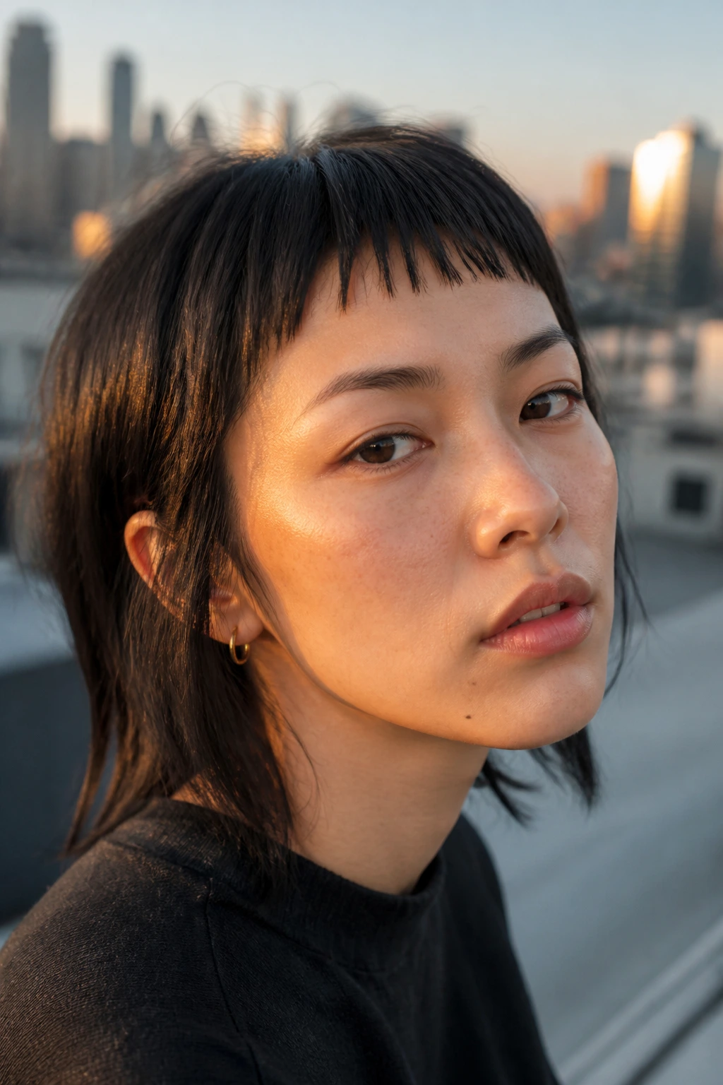 Close-up portrait of a real person with choppy baby bangs on a rooftop at golden hour.