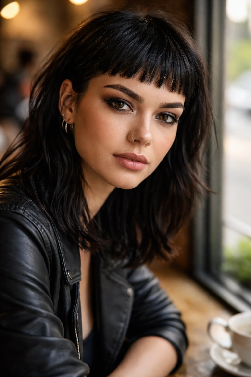 Close-up portrait of a real person with choppy baby bangs above the brows
