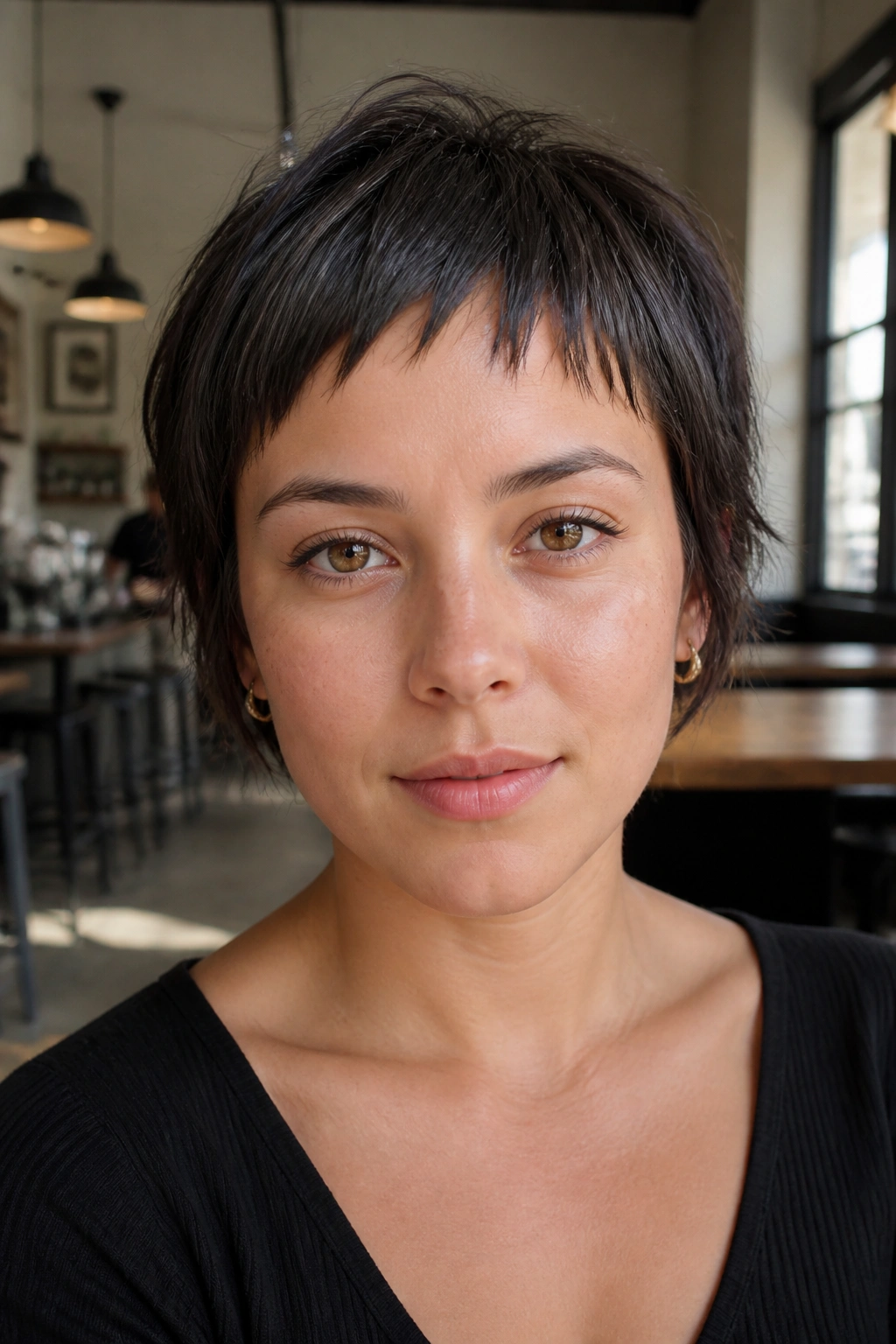Close-up of real woman with choppy baby bangs and tapered uneven ends