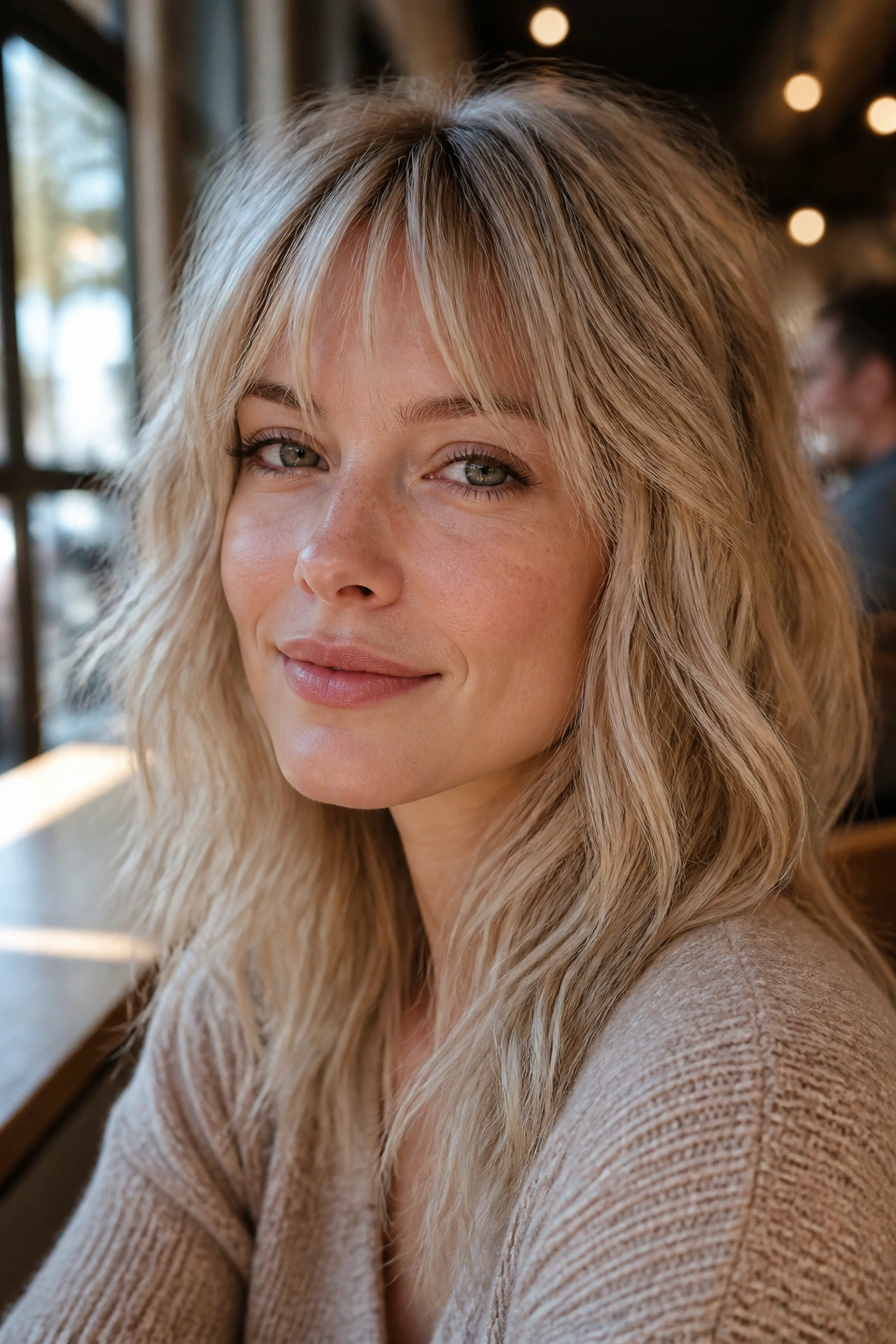 Close-up of a real woman with beige blonde choppy piecey bangs.