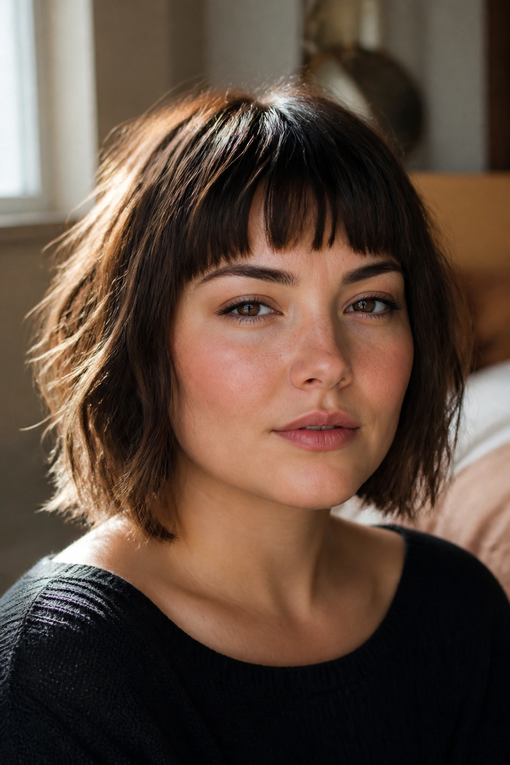 Close-up portrait of a real woman with choppy blunt-edge bangs on a round face.