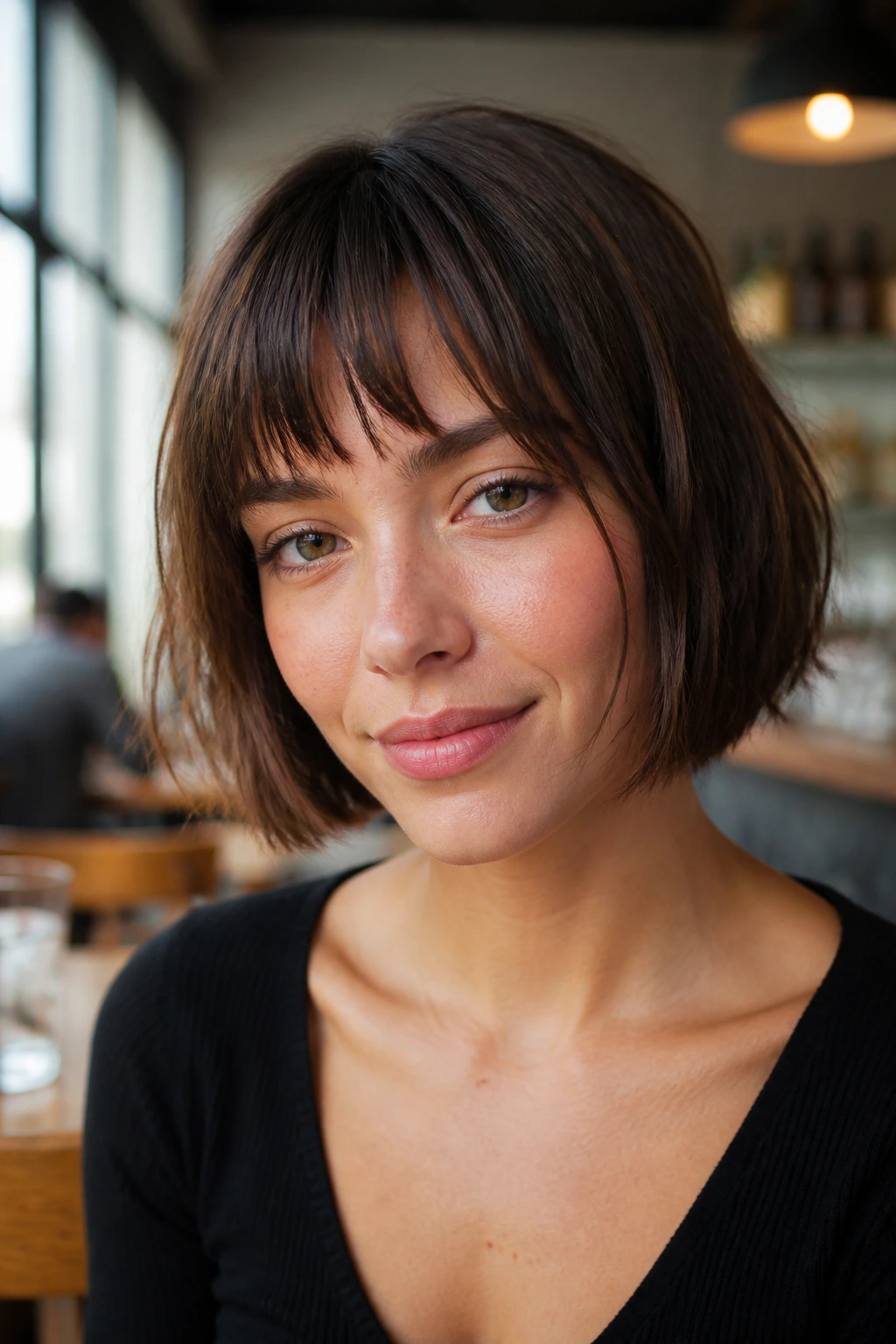Close-up portrait of a real person with choppy bangs and a bob
