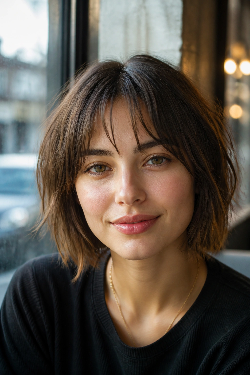 Close-up of a real person with center-parted choppy bangs in a cafe setting