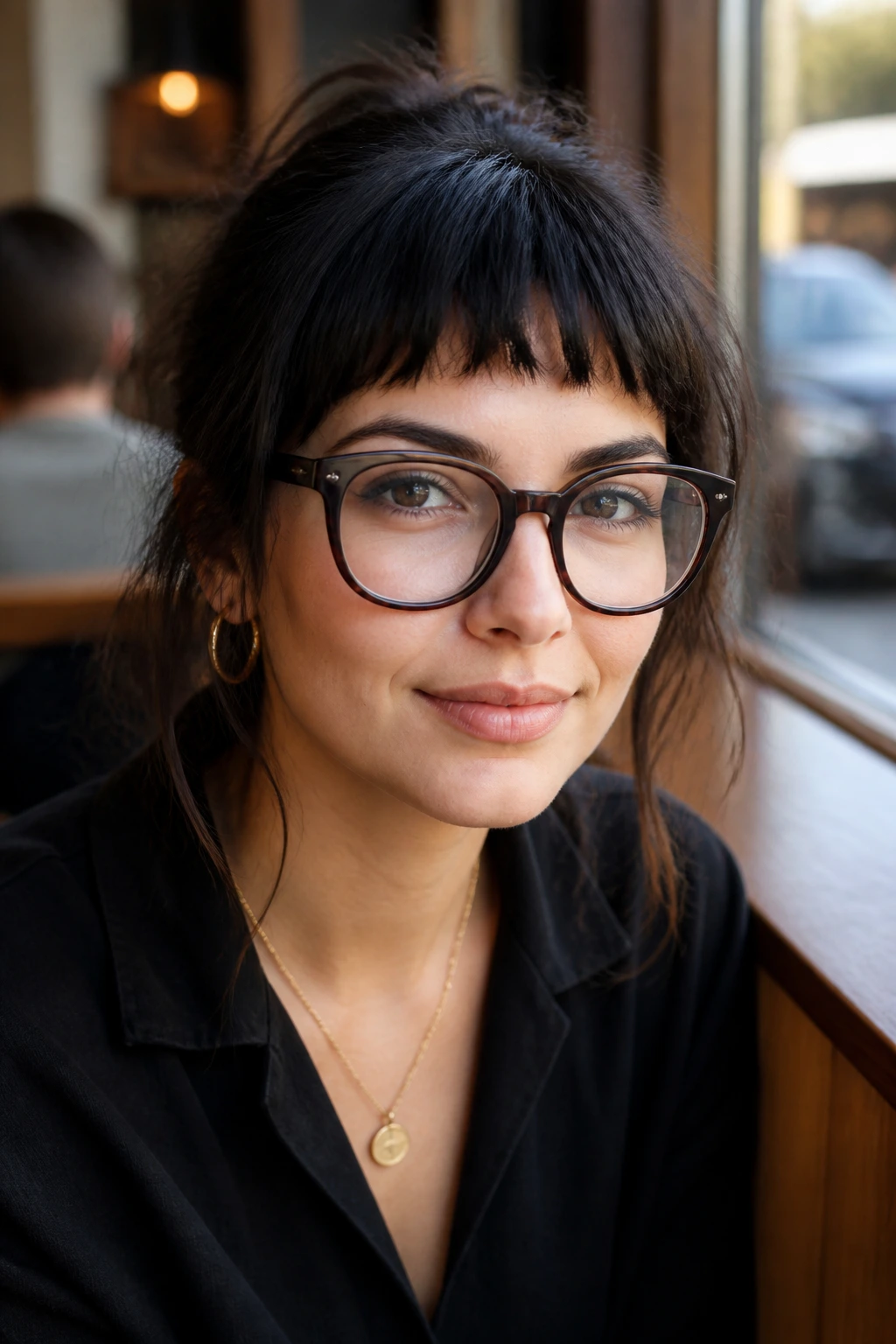 Real woman with choppy bangs and glasses in a cafe setting
