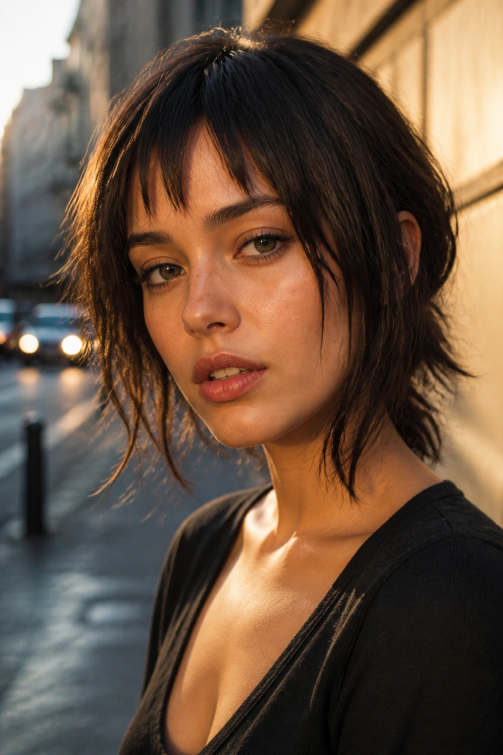 Close-up portrait of a real person with choppy, textured bangs in golden hour light