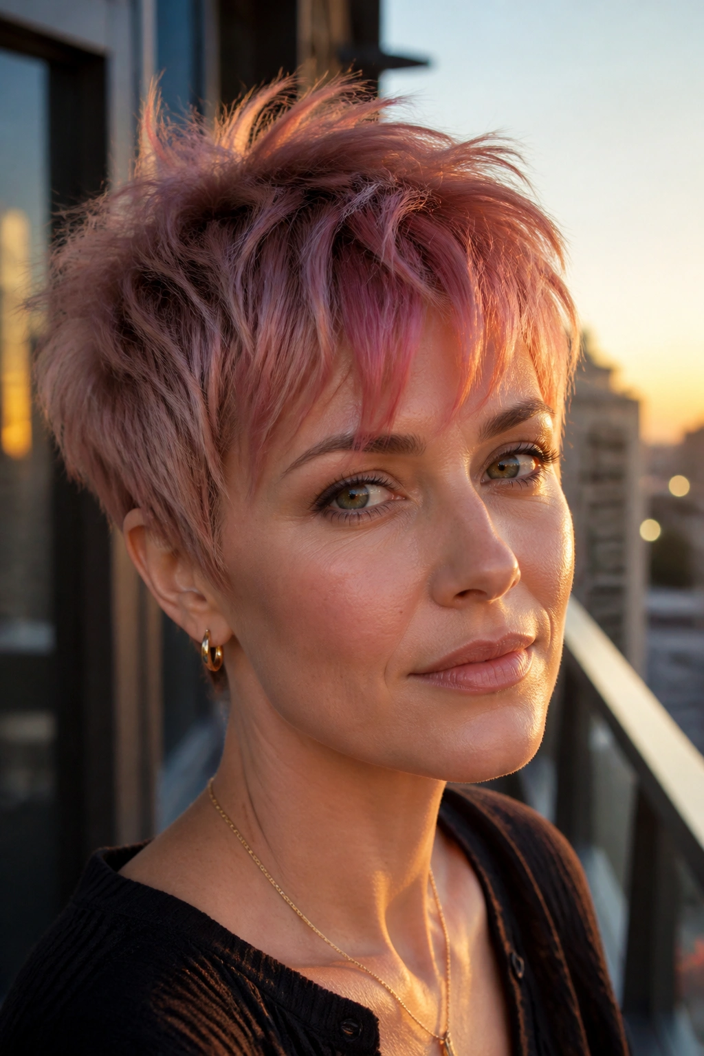 Close-up of a real woman with piecey rose pixie and choppy bangs.