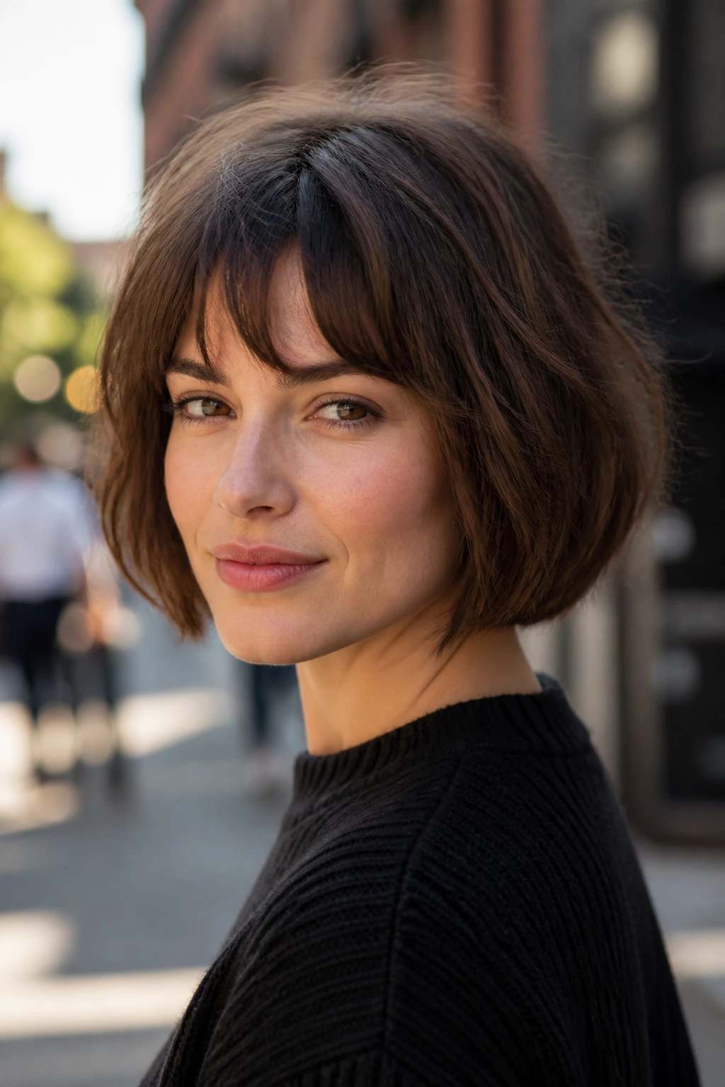 Portrait of a real woman with a rounded bob and choppy bangs in daylight.