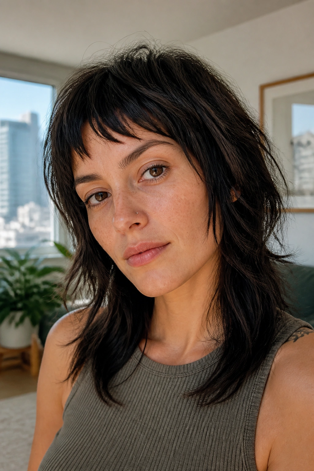 Close-up of a real woman with choppy micro bangs and a shaggy texture