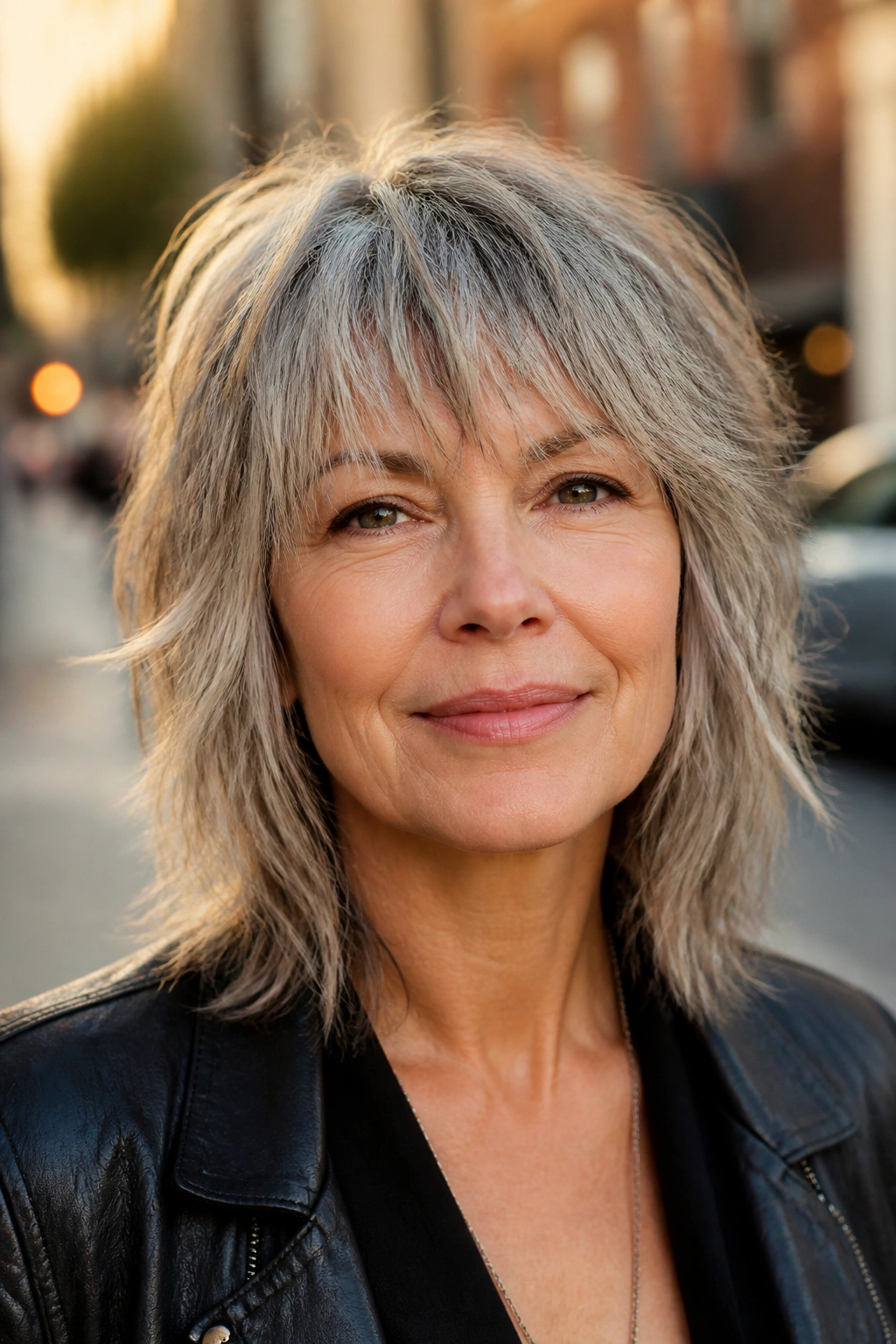 Portrait of a person with choppy grey bangs and textured shag