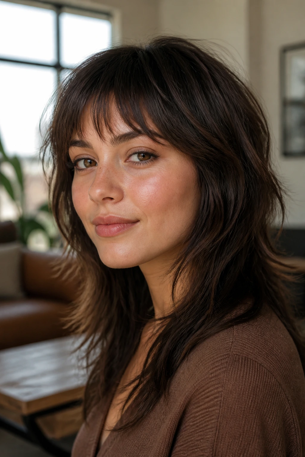 Close-up of a real woman with choppy bangs and shag cut framing a round face in warm window light