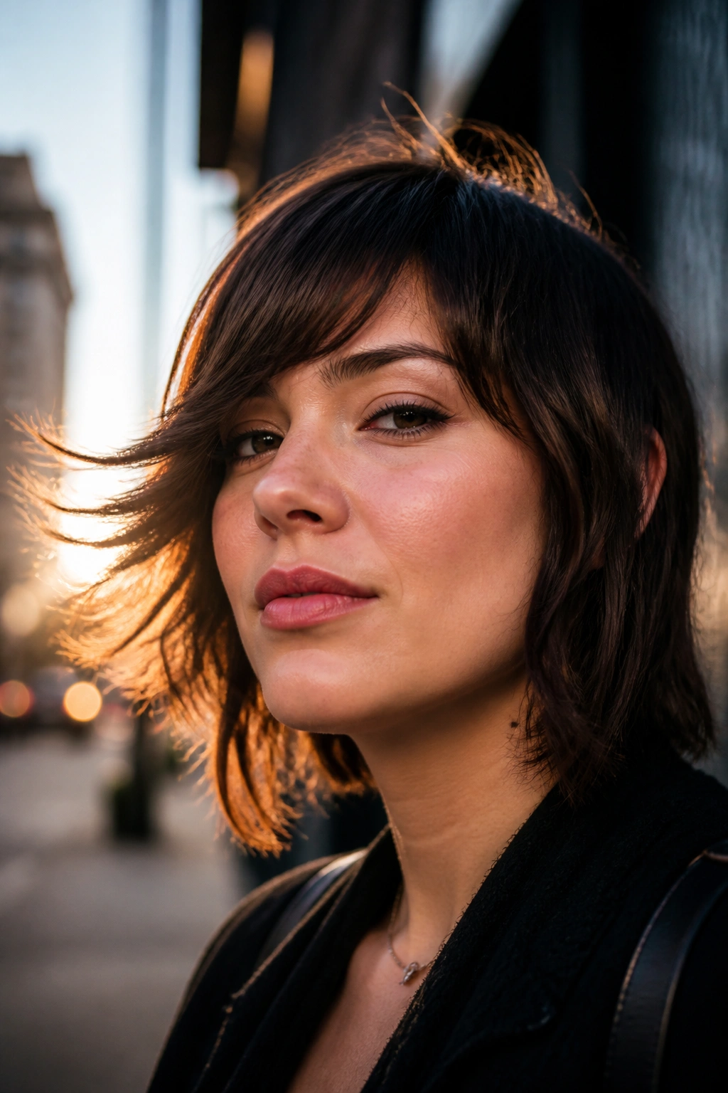Close-up of a real person with choppy bangs and a strong side flip