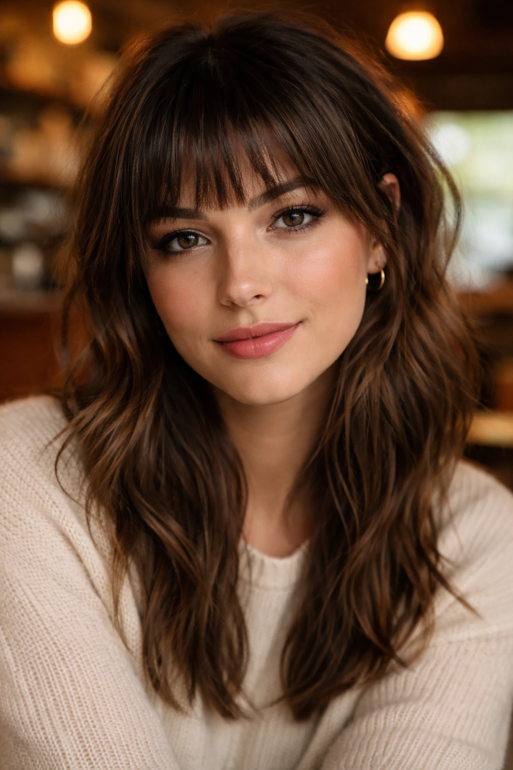 Real person with choppy, textured fringe featuring an uneven edge.
