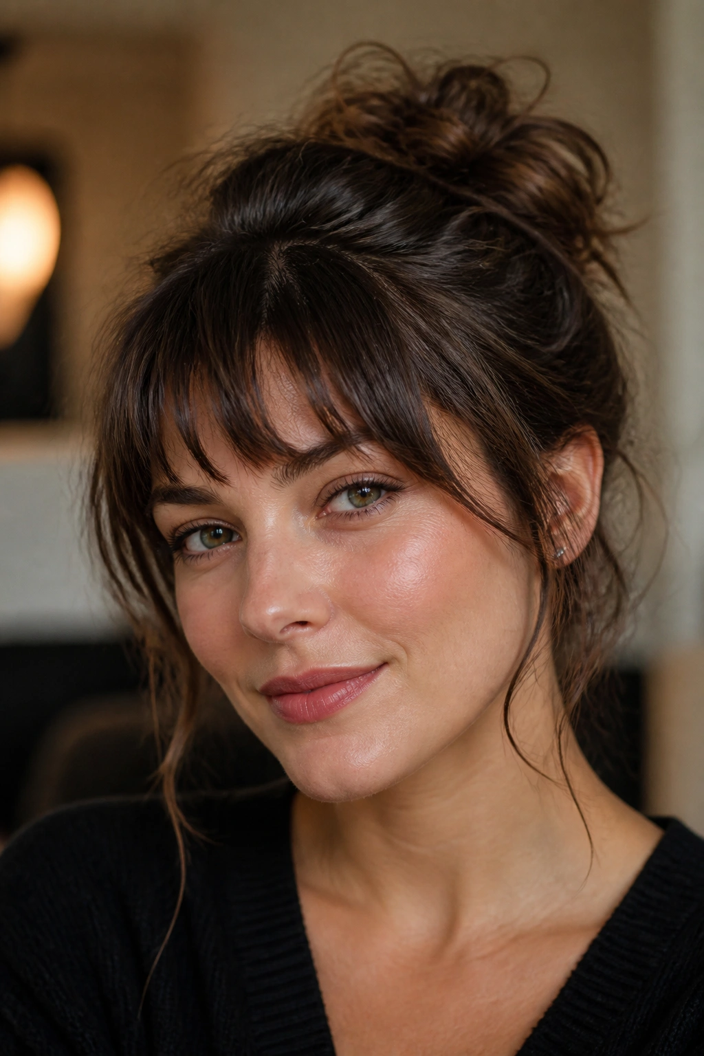 Close-up of a real person with choppy bangs and a tousled bun