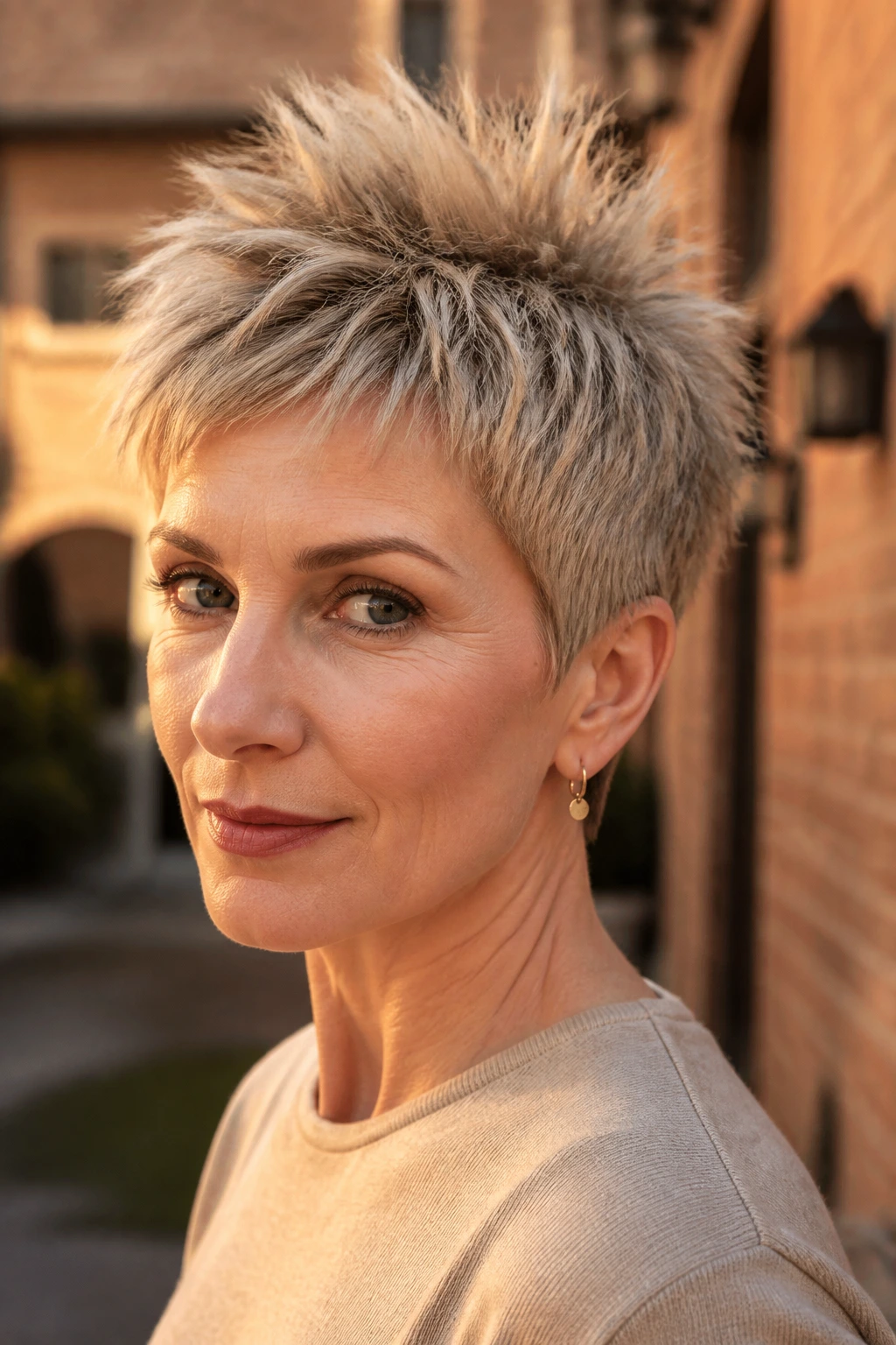 Real woman with choppy beige pixie and spiky crown in golden hour light