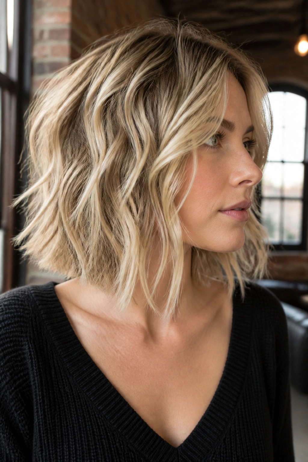 Close-up portrait of a real woman with choppy blonde piecey waves in urban daylight