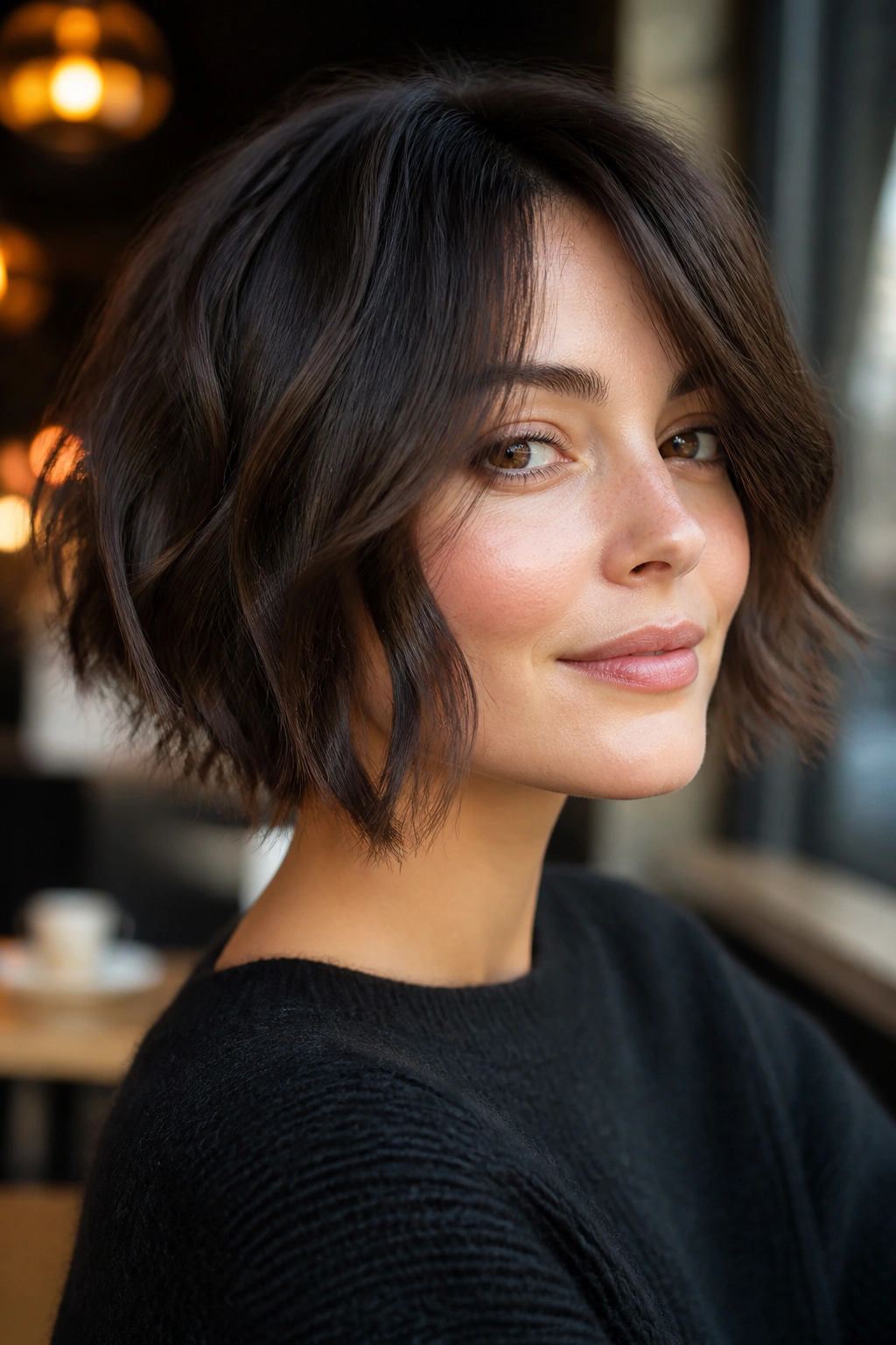 Close-up of a real woman with a choppy bob and airy layers in warm cafe light.
