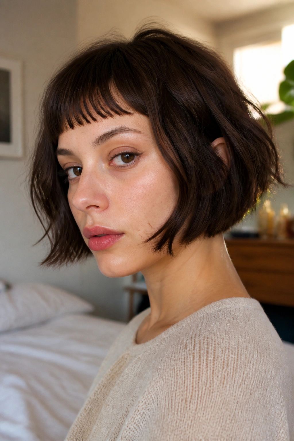 Close-up portrait of a real woman with a choppy chin-length bob and baby bangs in warm natural light