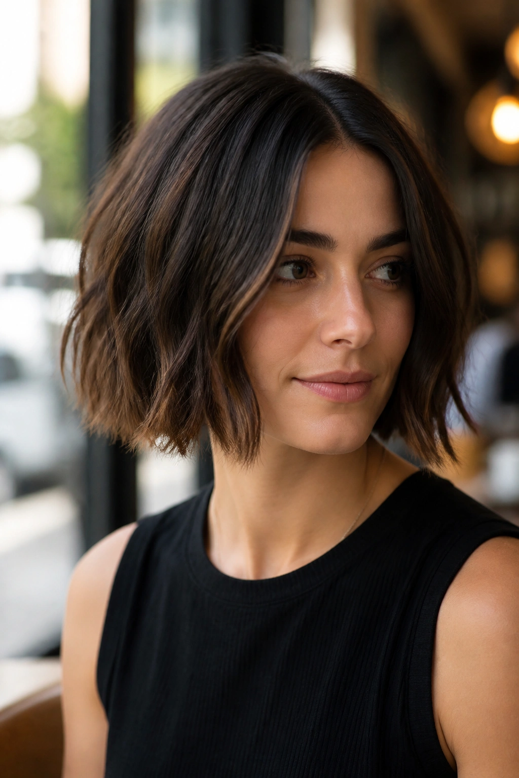 Portrait of a real woman with a choppy bob and center part in natural light