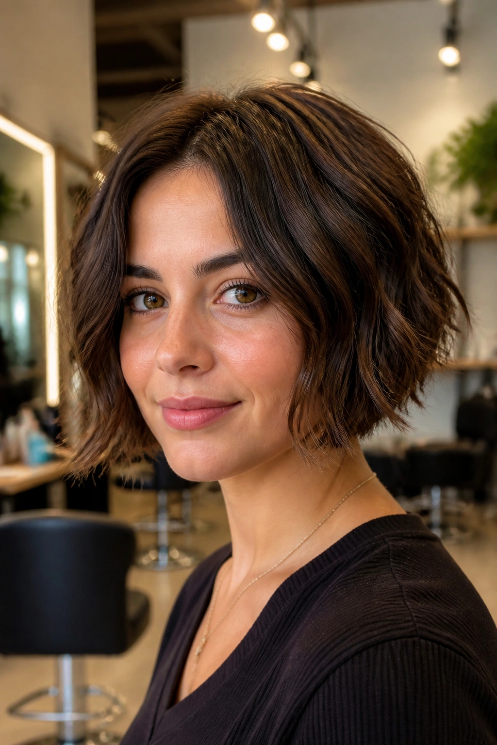 Close-up of a real woman with a choppy chin-length bob