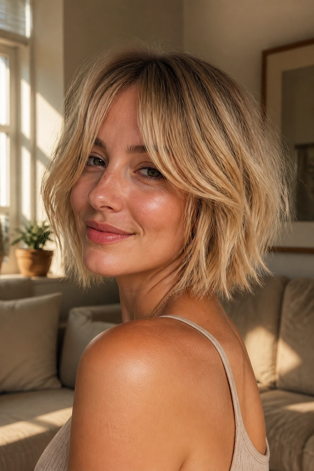 Close-up of a woman with a choppy bob and curtain bangs in warm natural light