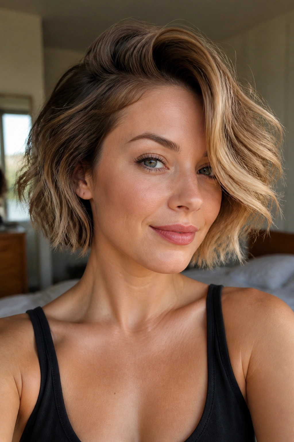Close-up of a real woman with a choppy bob and deep side part.