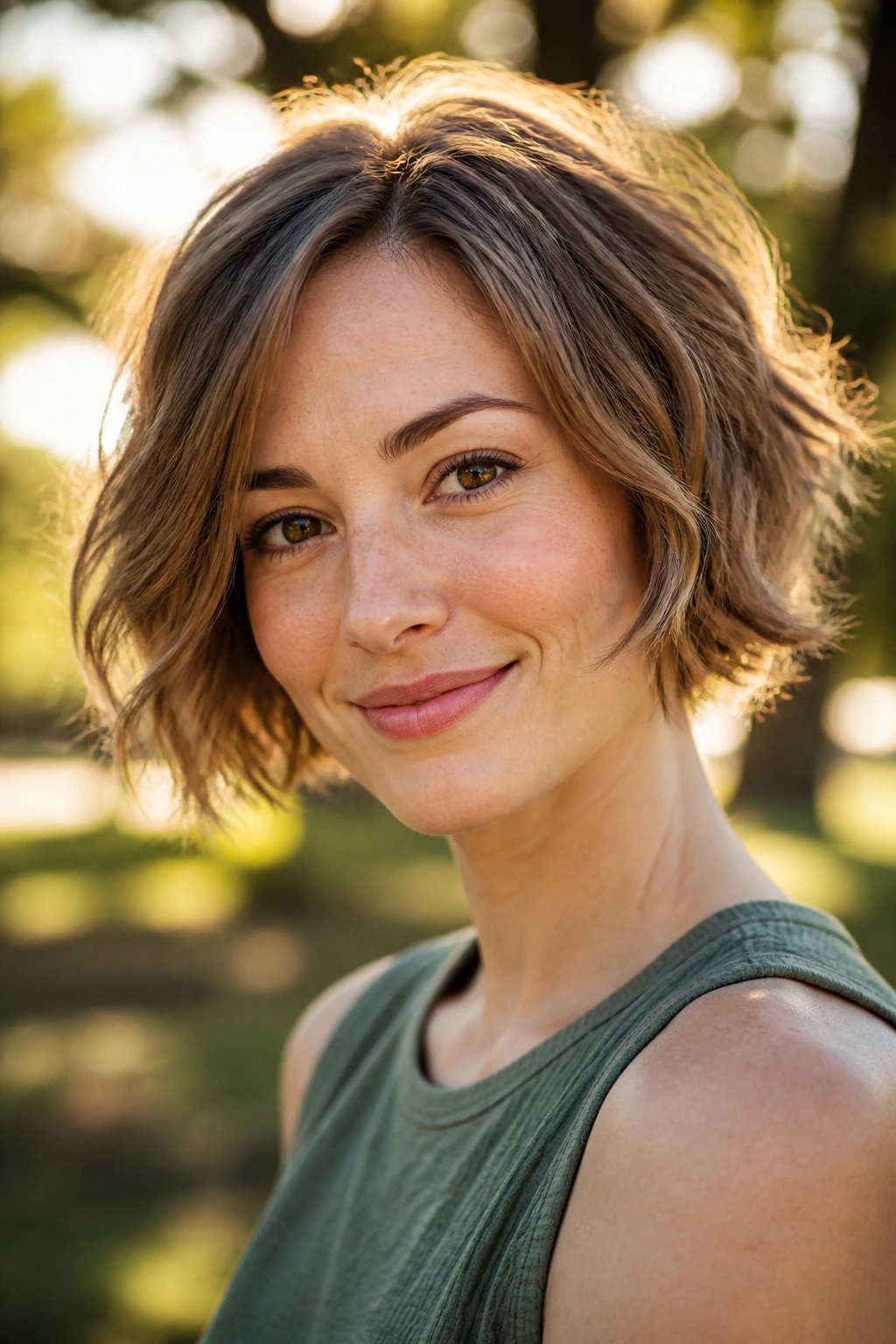 Real woman with ear-length choppy bob in golden hour light