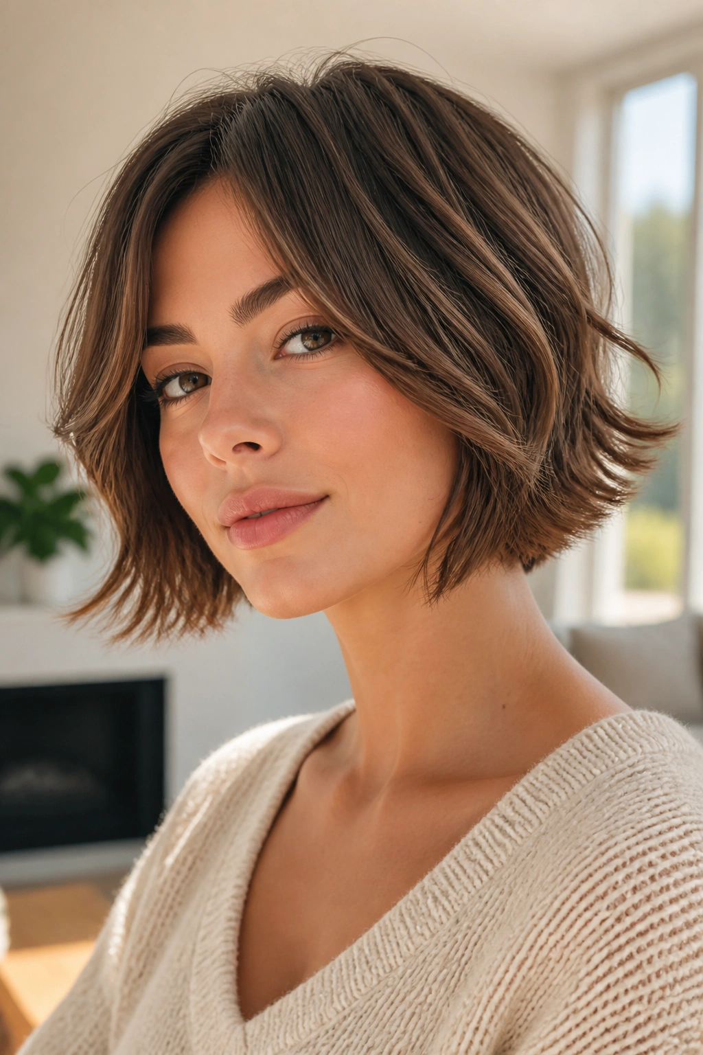 Close-up portrait of a real woman with a choppy bob and flipped ends in natural light