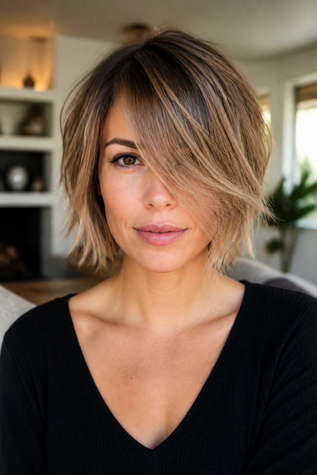 Real woman with long fringe and choppy ends, frontal portrait