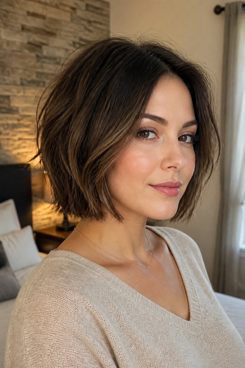 Close-up portrait of a real woman with a Just-Below-Chin Choppy Bob With Hidden Layers in soft bedroom light