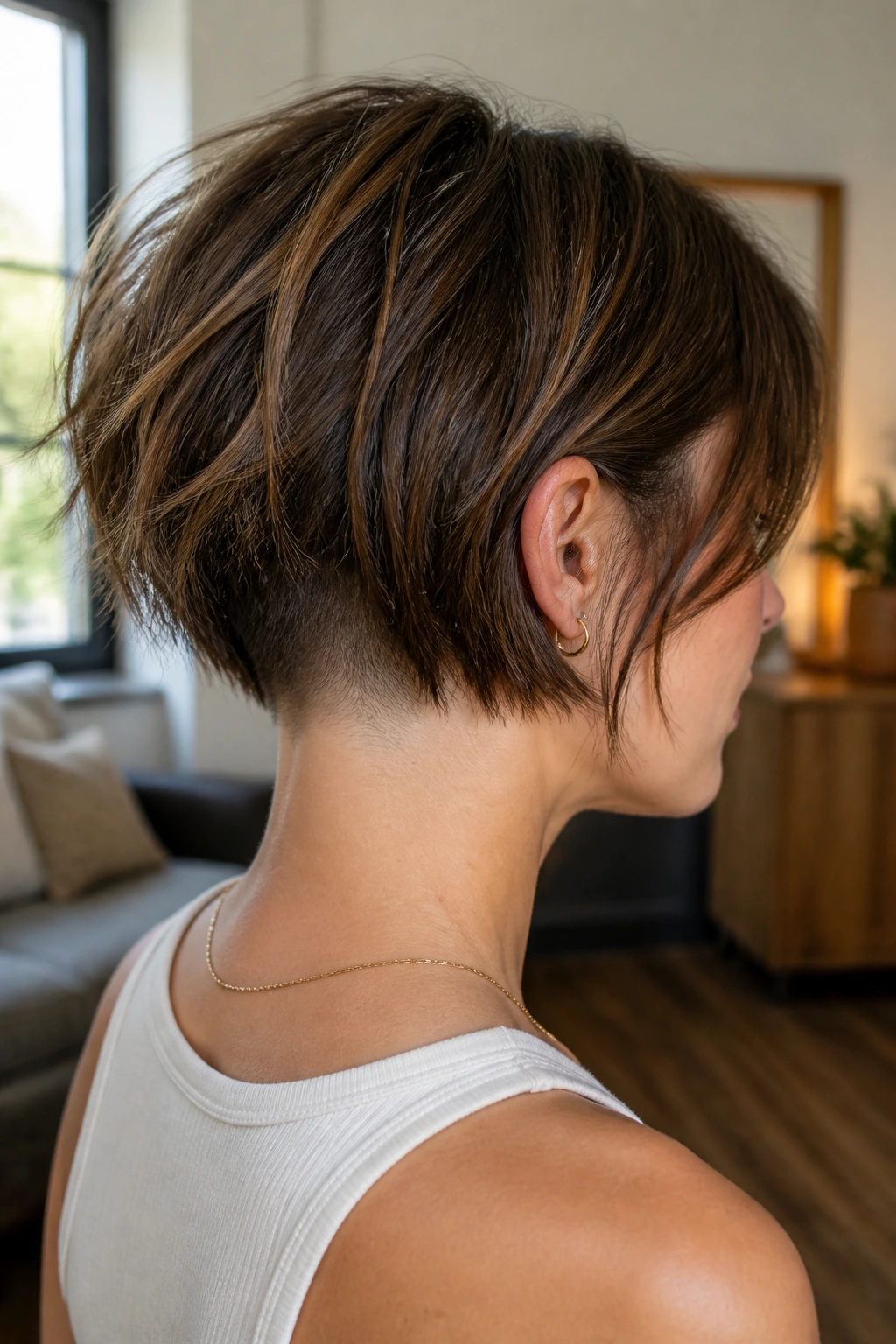 Back and side portrait of a woman with a choppy bob and hidden undercut