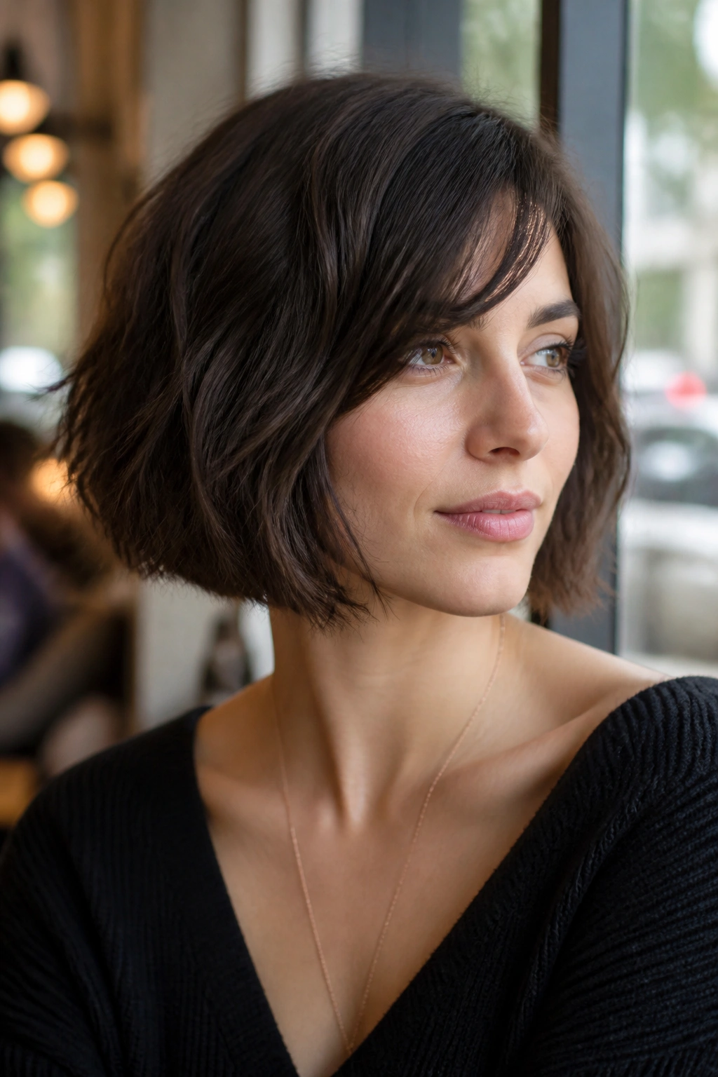Close-up of a real woman with a choppy jaw-length bob in daylight at a cafe