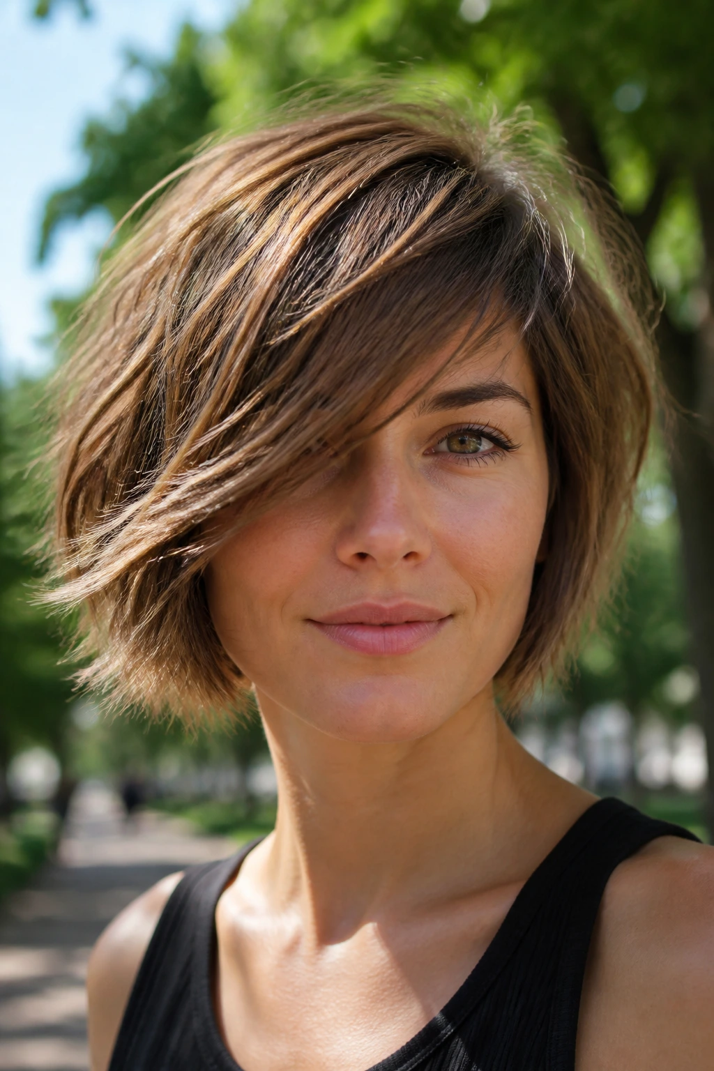 Real woman with choppy bob and long side bangs in a sunny park setting.