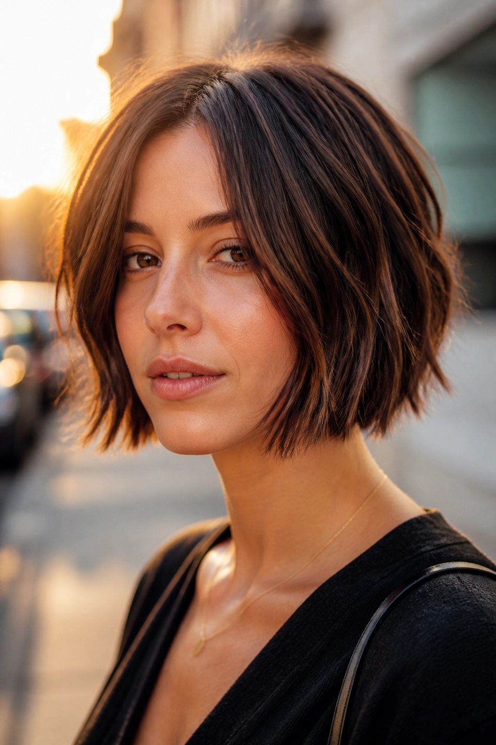 Close-up of a woman with choppy bob and piecey ends in chocolate brown