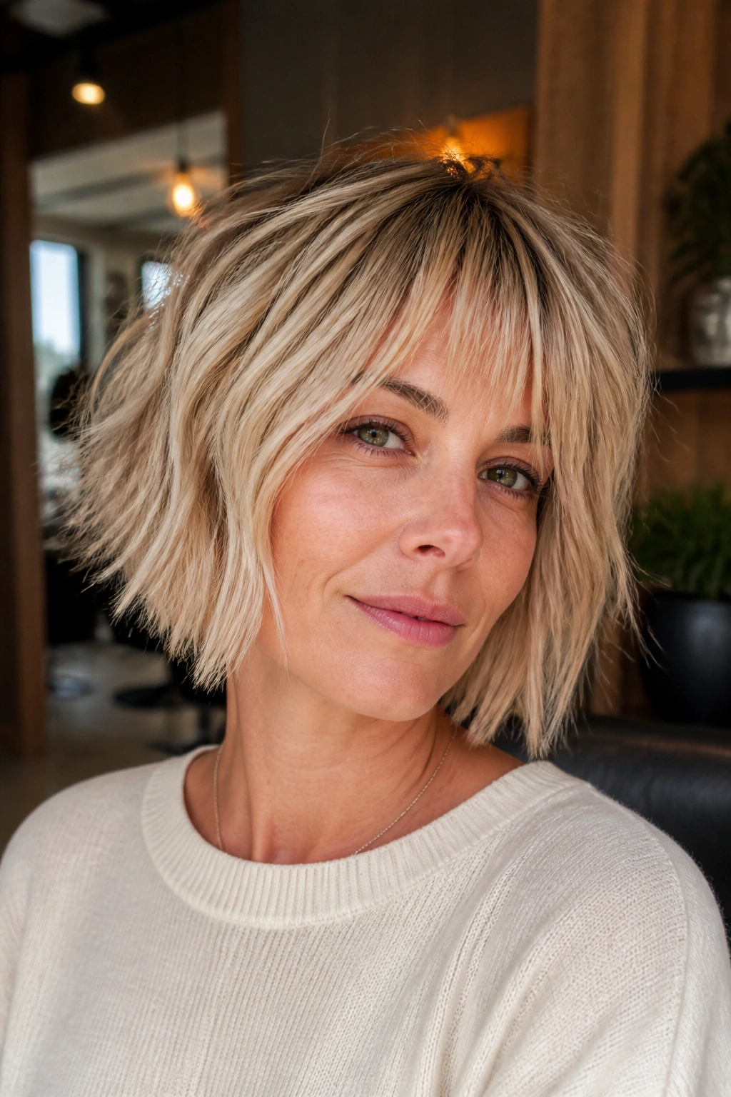 Close-up portrait of a real woman with a choppy bob and point-cut ends in sandy blonde.