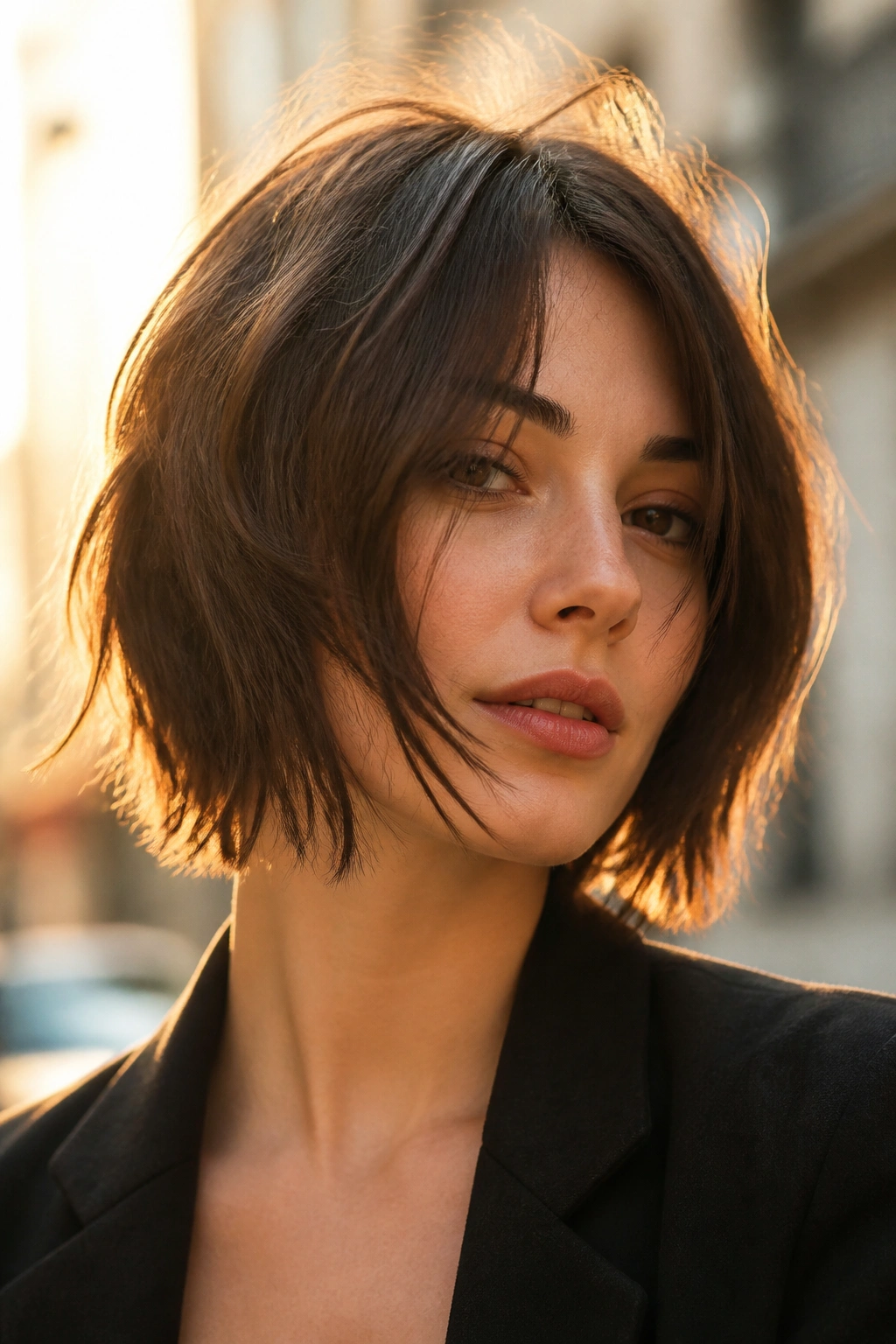 Close-up of a real woman with a choppy bob and razor ends on a city street at golden hour.