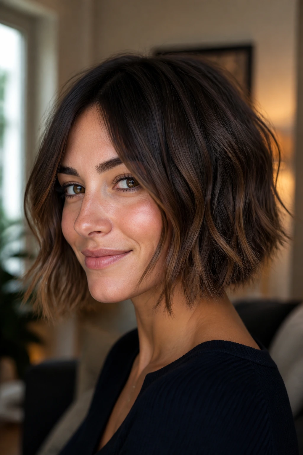 Brunette with choppy bob and razor-soft texture.