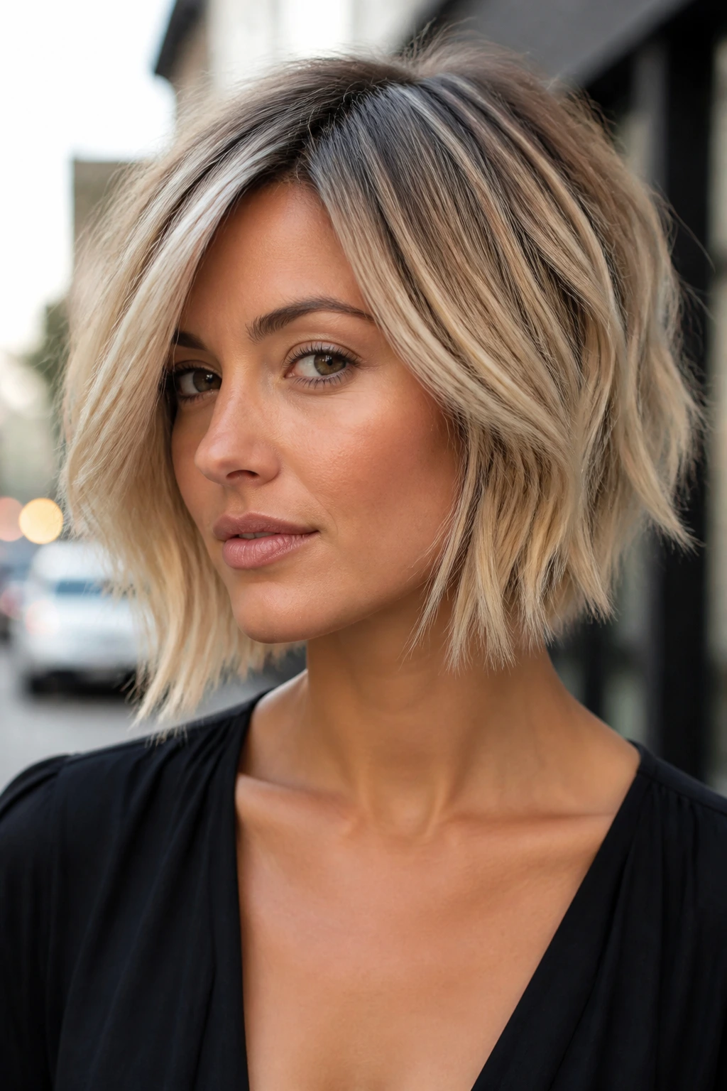 Close-up of a woman with a choppy bob and rooty blonde