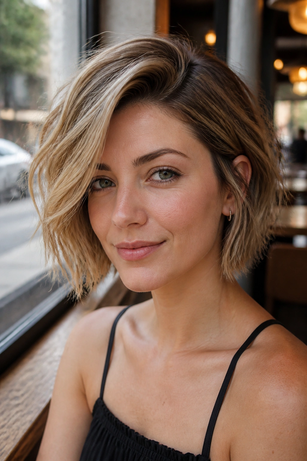 Portrait of a real woman with a choppy bob and deep side part in a cafe setting
