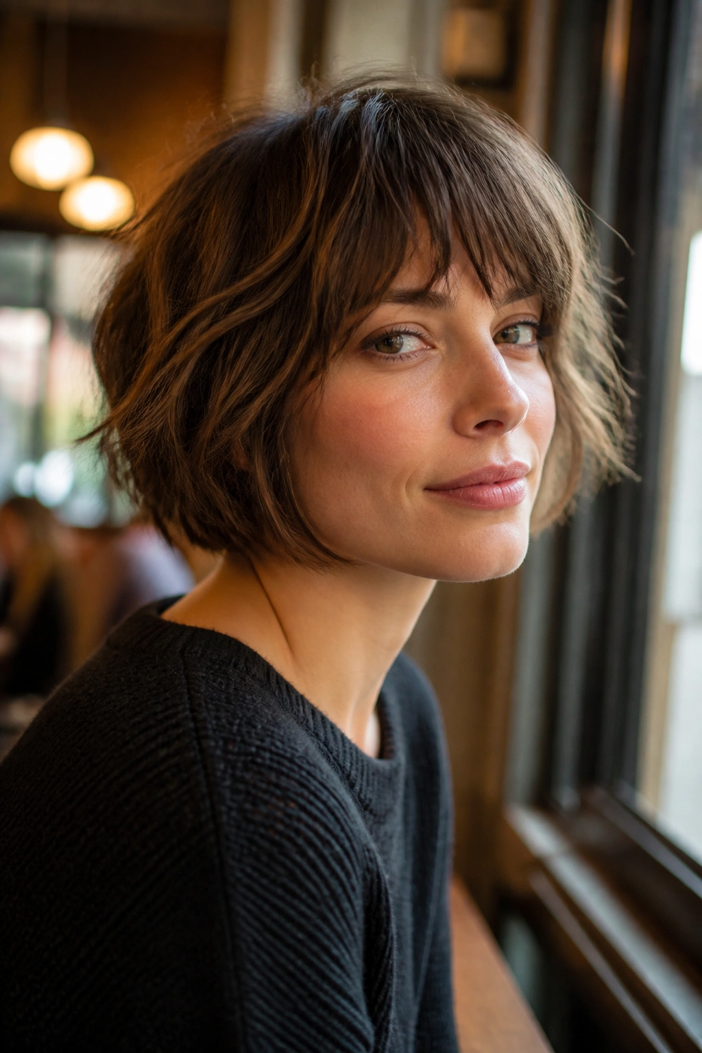 Close-up portrait of a woman with a choppy French bob in sunlit cafe light